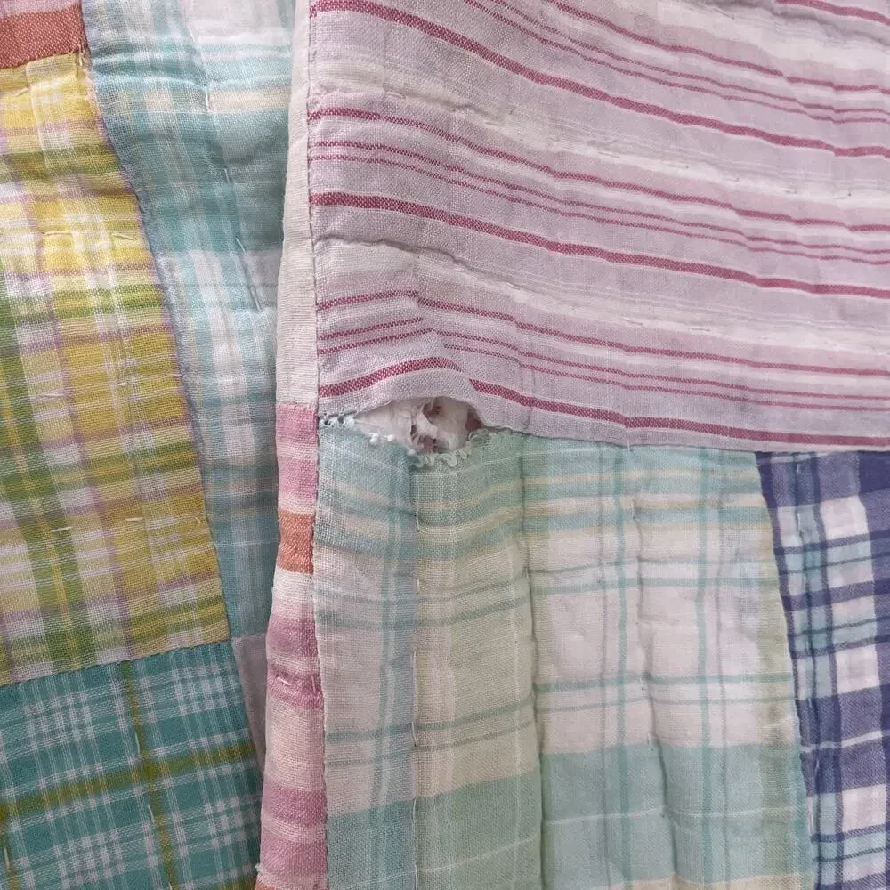 Handmade Quilt Colorful Plaid Patchwork Hand Quilted Bedspread 84